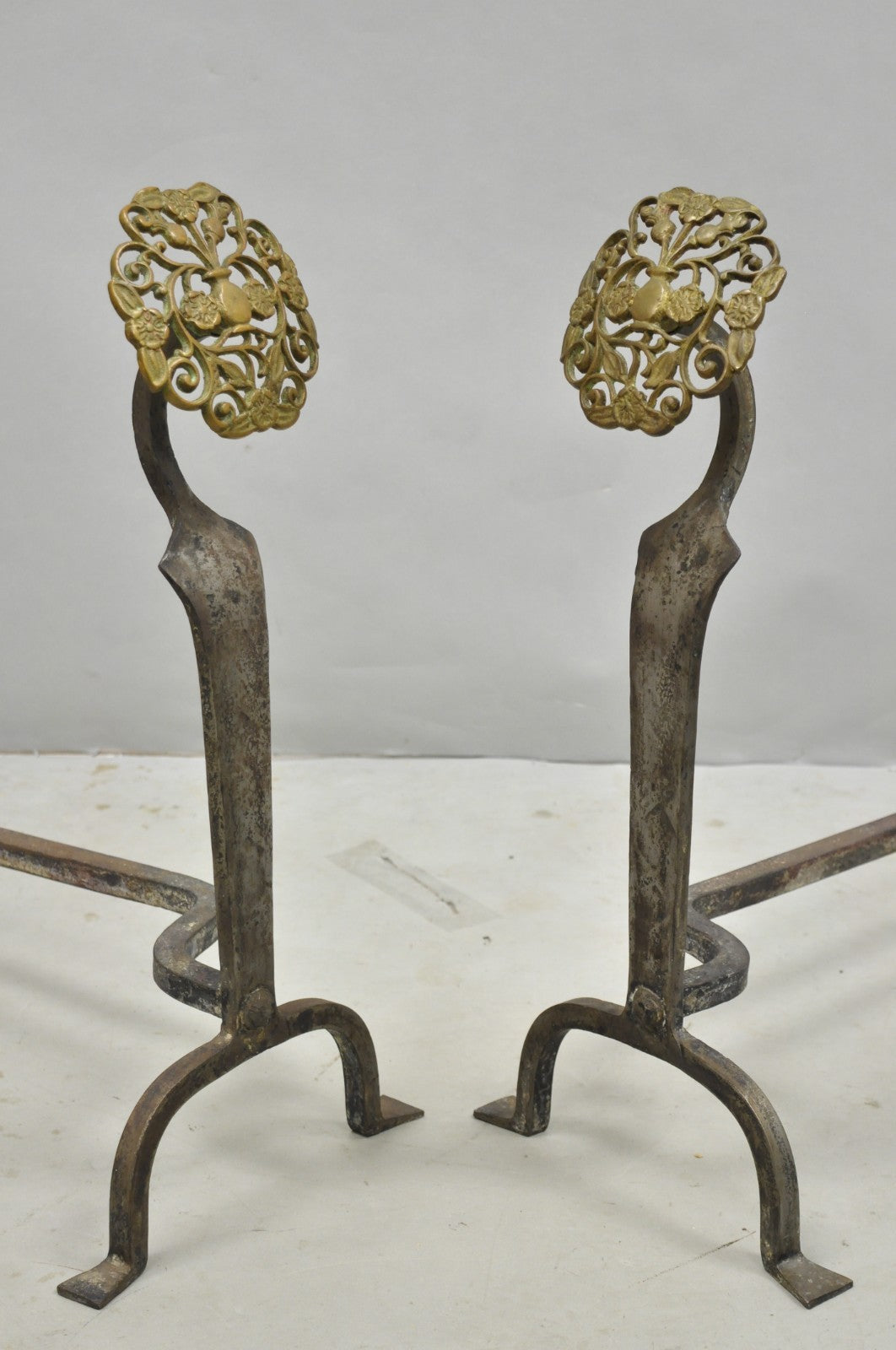 Antique French Art Nouveau Hand Hammered Wrought Iron & Bronze Andirons - a Pair
