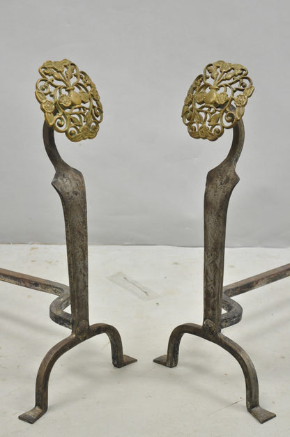 Antique French Art Nouveau Hand Hammered Wrought Iron & Bronze Andirons - a Pair