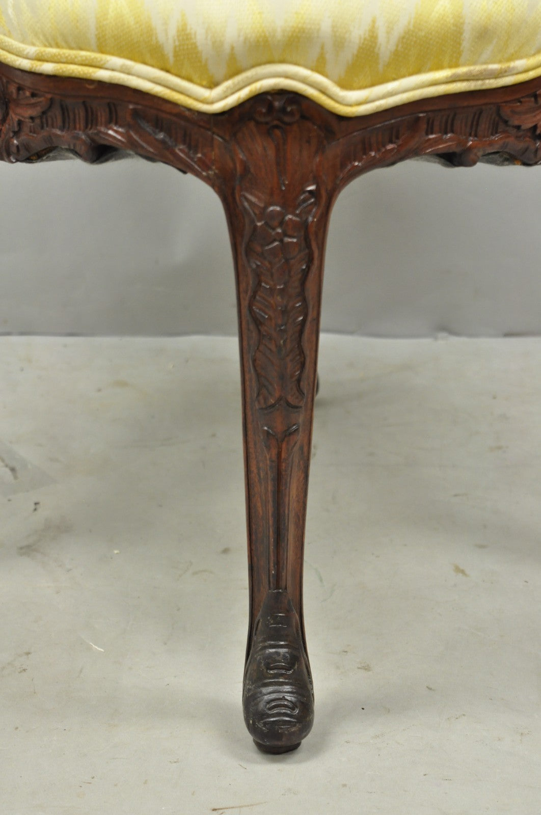 Antique French Louis XV Style Carved Walnut Yellow Fabric Boudoir Lounge Chair