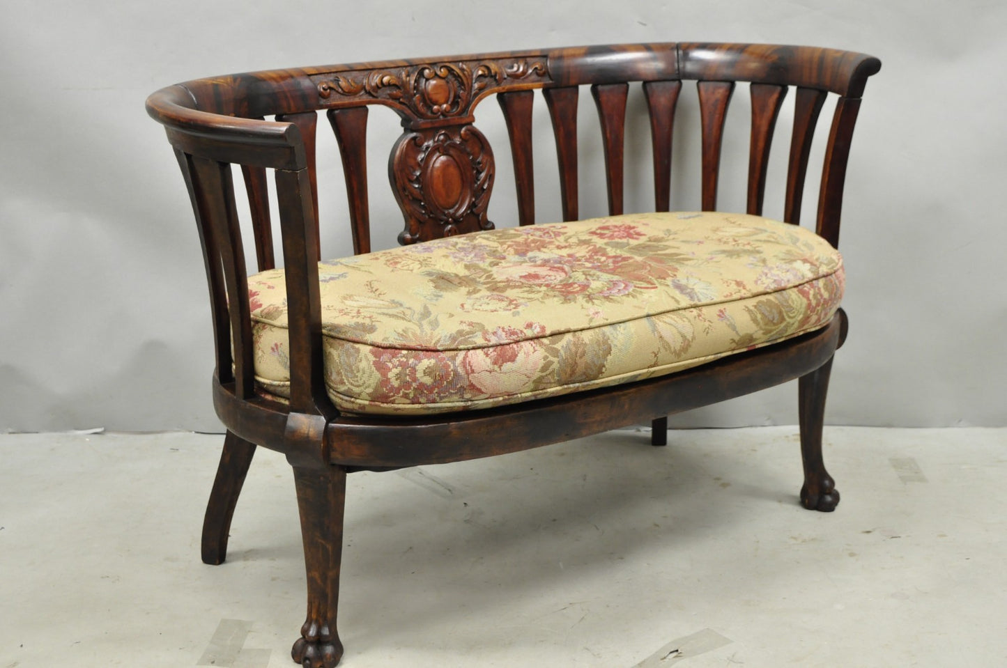 Antique Victorian Carved Mahogany Paw Foot Barrel Back Settee Loveseat Sofa