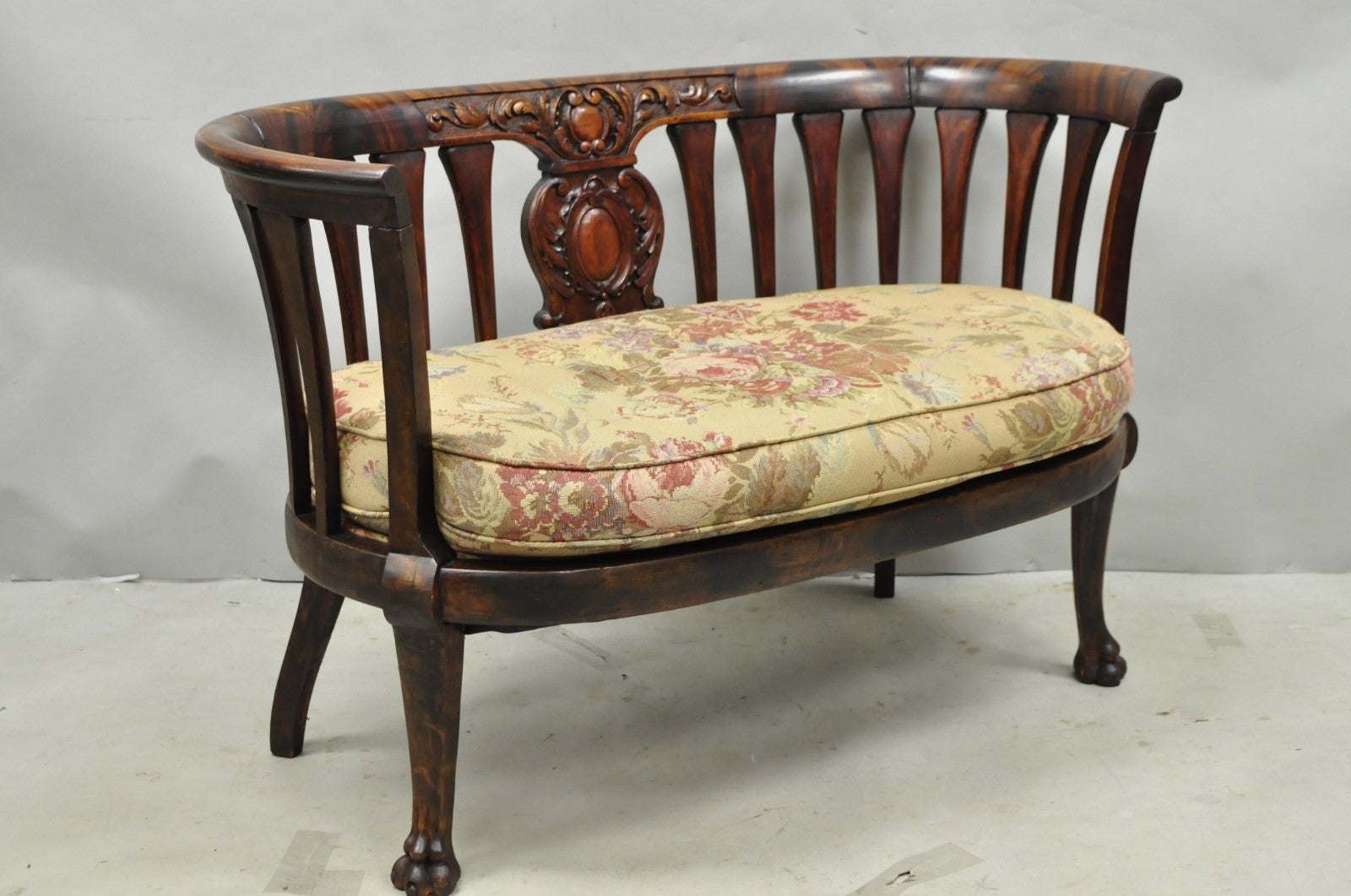 Antique Victorian Carved Mahogany Paw Foot Barrel Back Settee Loveseat Sofa
