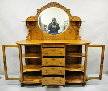 Antique Victorian Tiger Oak Carved Paw Foot Curio Cabinet Base Sideboard Buffet