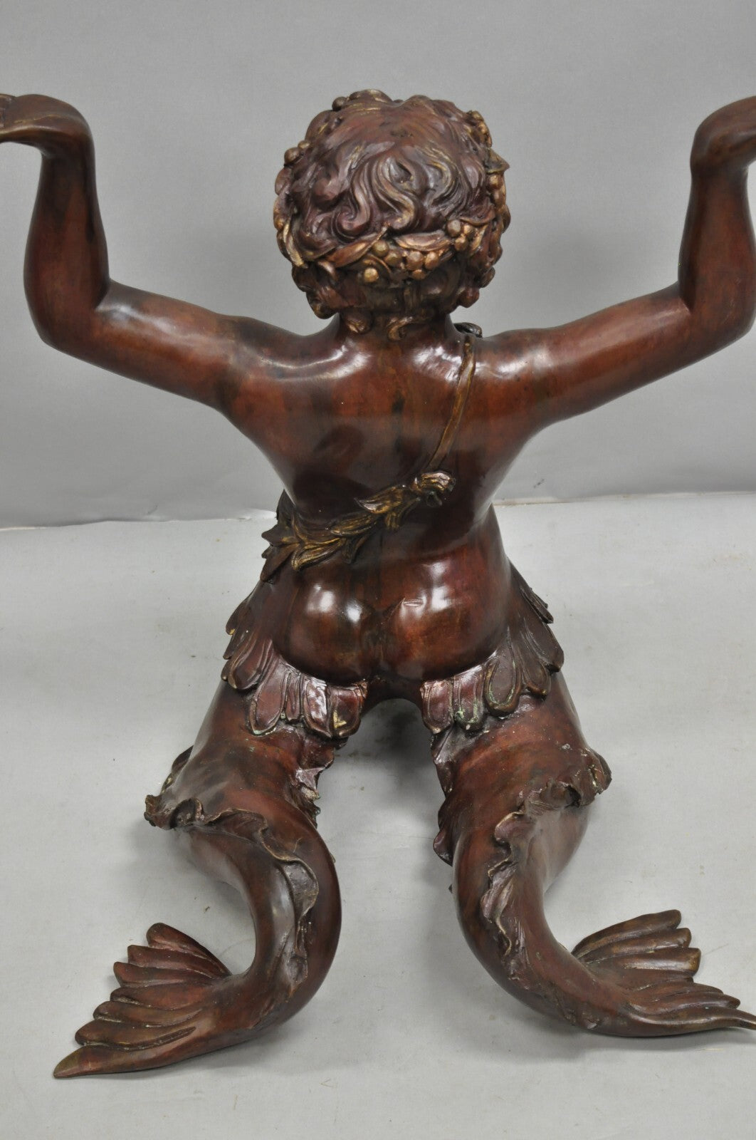 Vintage French Neoclassical Figural Bronze Merman Mermaid Glass Top Coffee Table