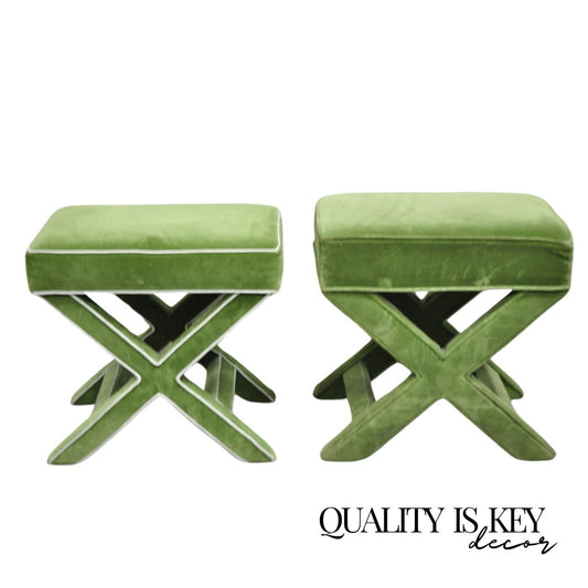 Vintage X-Base Billy Baldwin Style Green Upholstered Bench Stools - Similar Pair