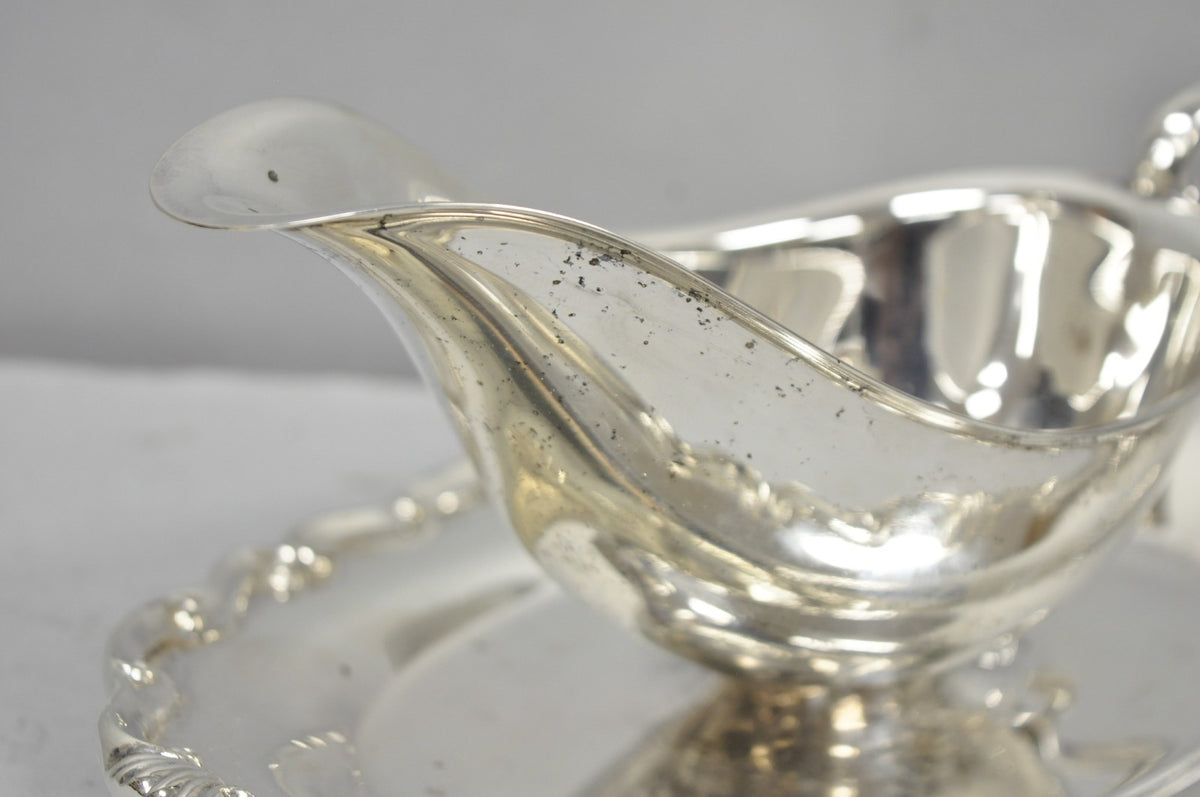 Vintage Victorian Style Silver Plated Gravy Sauce Boat w/ Attached Dish