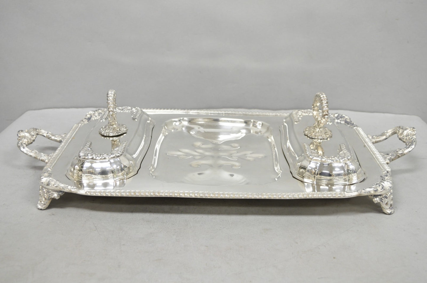 Vintage Victorian Silver Plated Meat Serving Platter Tray w/ Covered Dishes