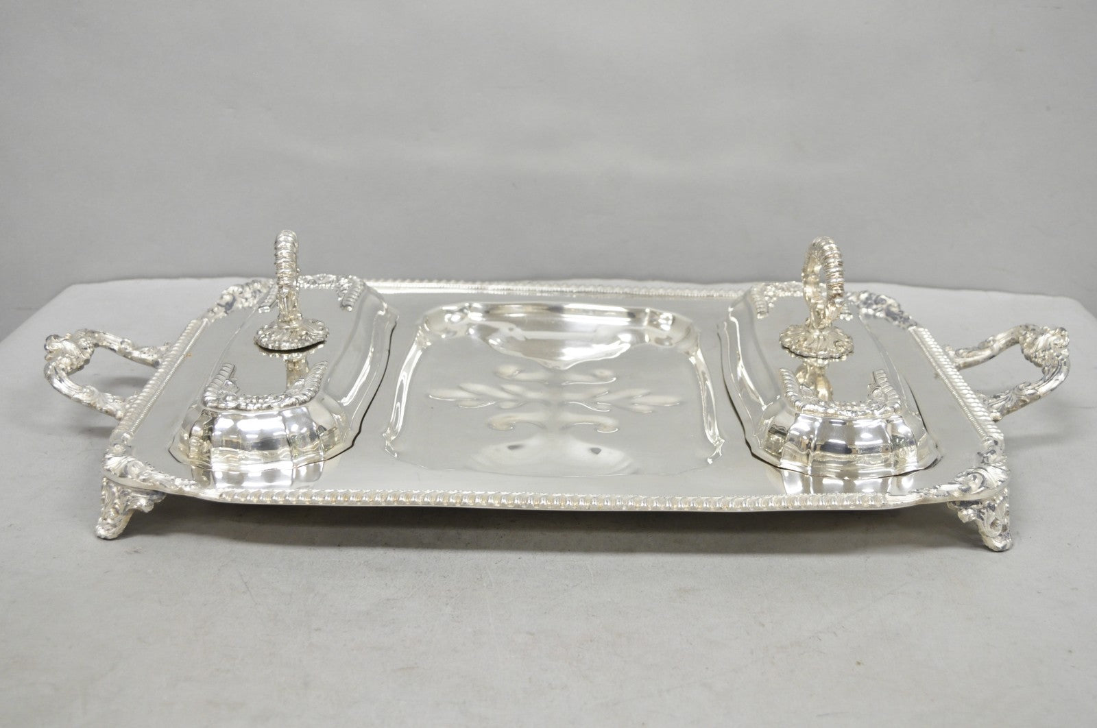 Vintage Victorian Silver Plated Meat Serving Platter Tray w/ Covered Dishes