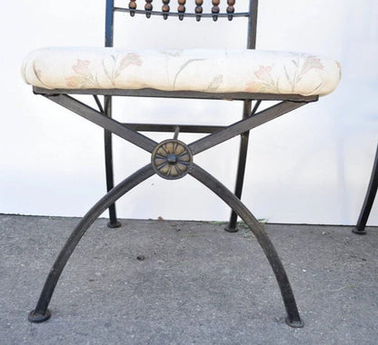 Hollywood Regency Wood Ball Abacus Wrought Iron Curule Dining Chairs - Set of 4