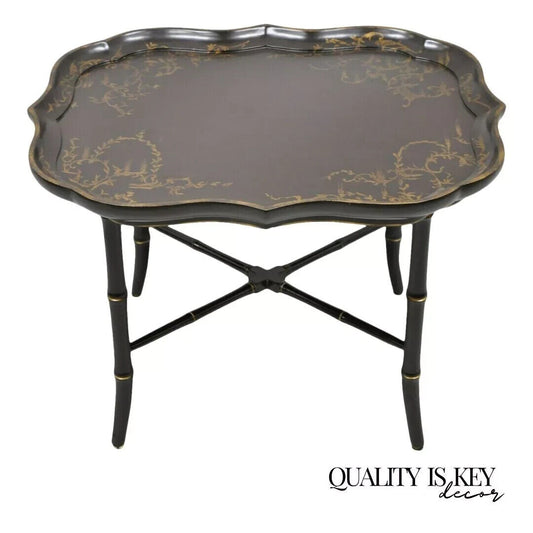 Chinoiserie Faux Bamboo Brown Lacquer Scallop Tray Top Coffee Cocktail Table