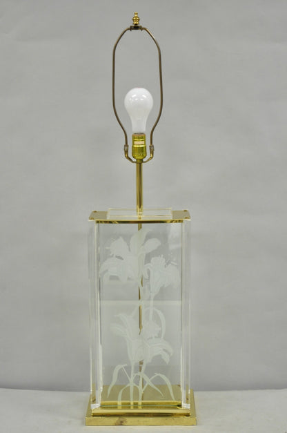 Vintage 1980s Fredrick Ramond Etched Lily Design Lucite Glass & Brass Table Lamp