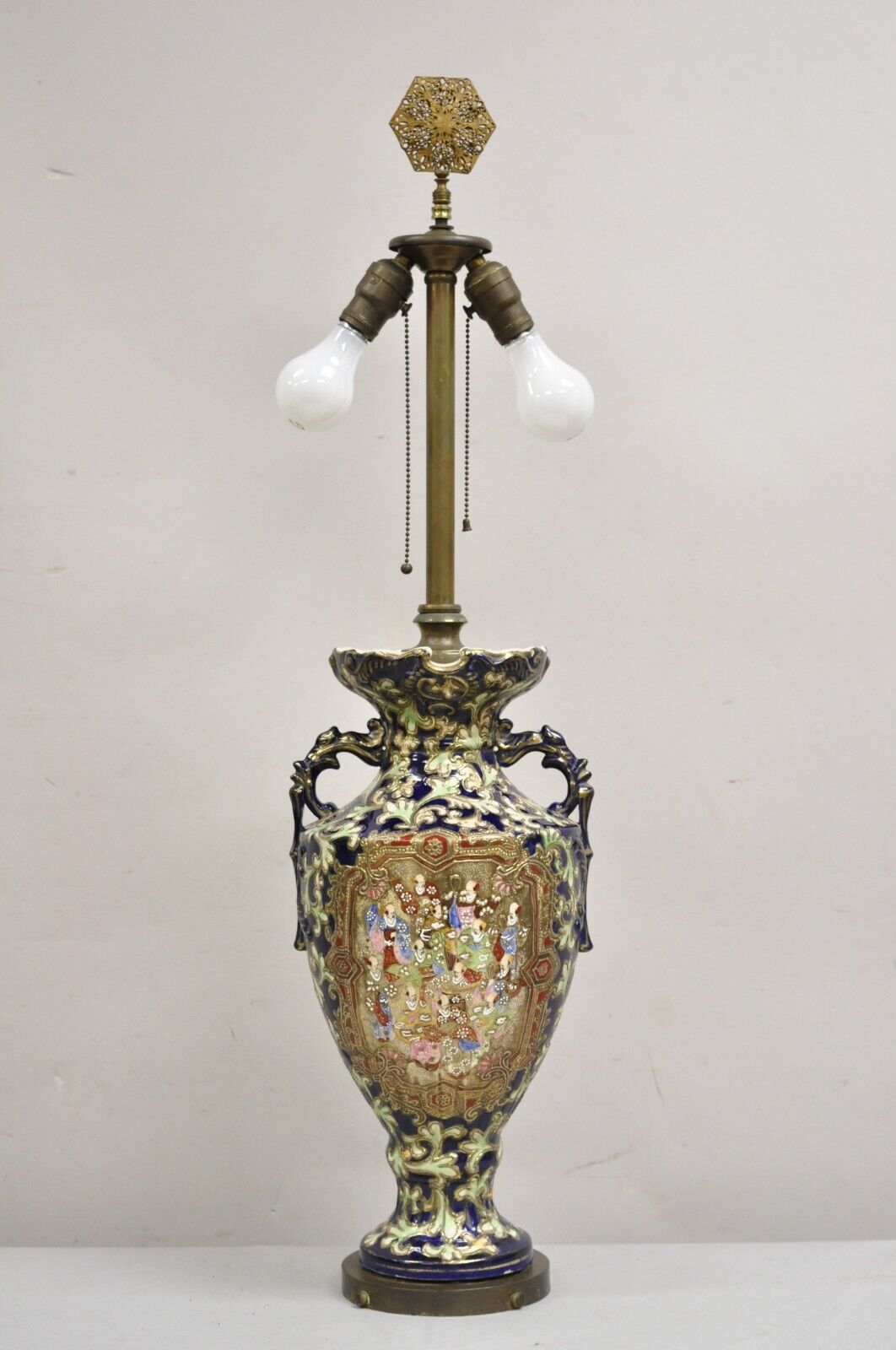 Antique Japanese Chinoiserie Blue Floral Porcelain "Wiseman" Large Table Lamp