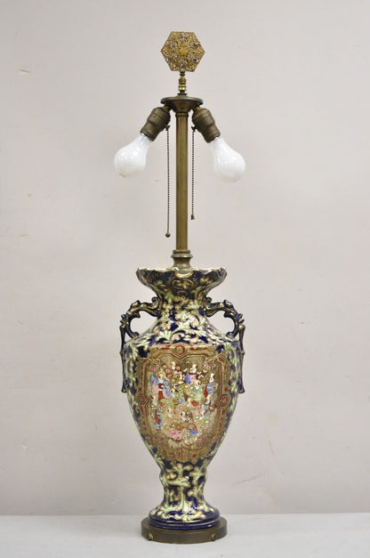 Antique Japanese Chinoiserie Blue Floral Porcelain "Wiseman" Large Table Lamp