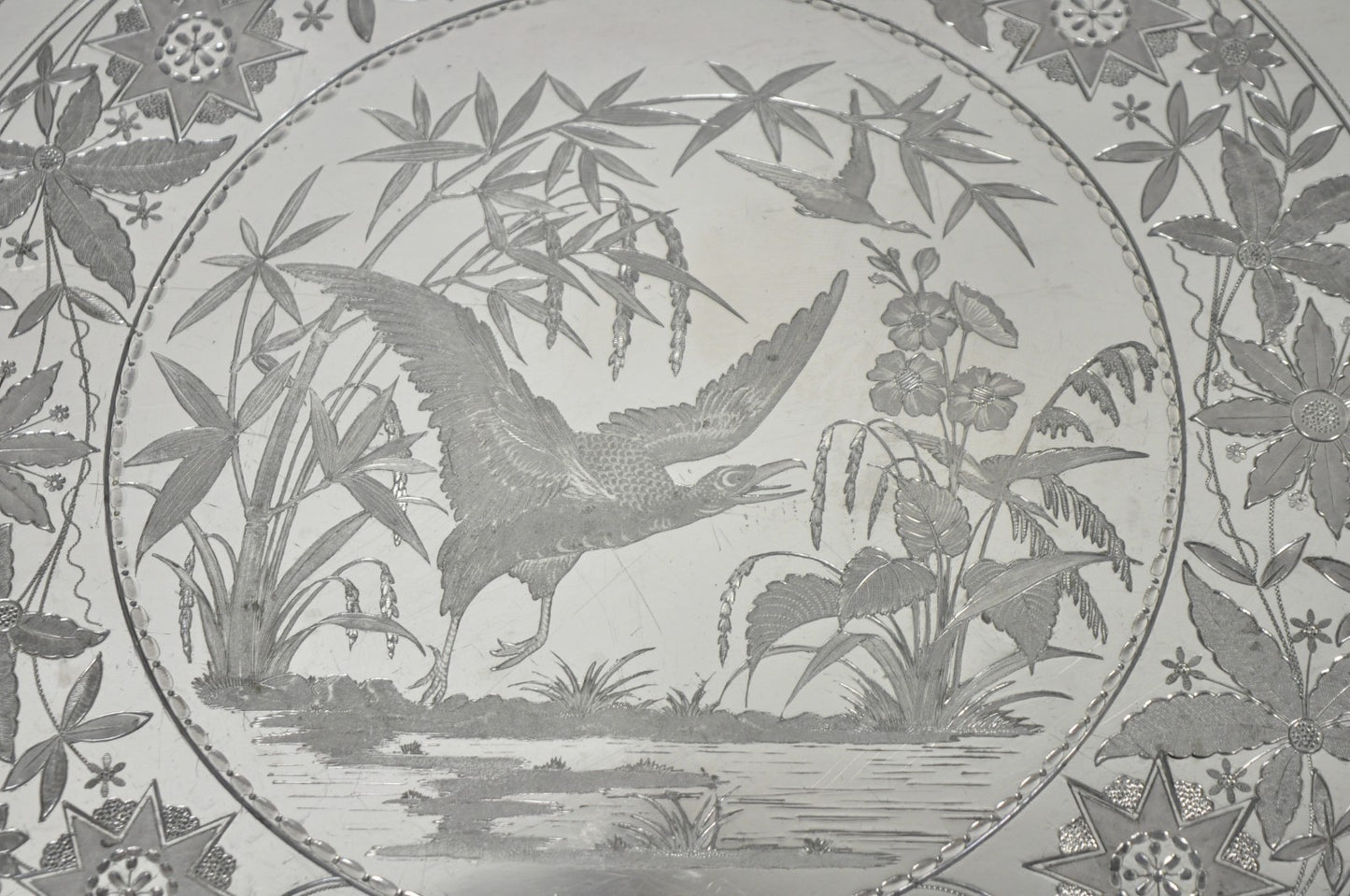 Antique Rogers Smith & Co Art Nouveau Large Silver Plated Crane Bird Etched Tray