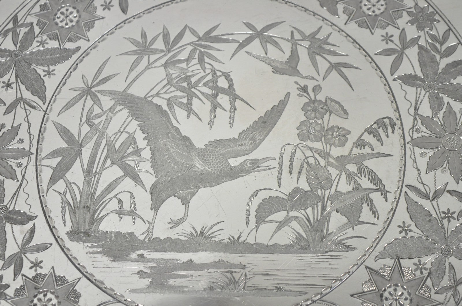 Antique Rogers Smith & Co Art Nouveau Large Silver Plated Crane Bird Etched Tray