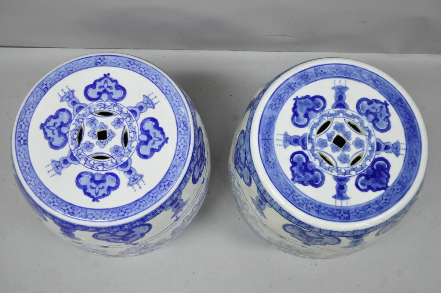 Vintage Chinese Oriental Blue & White Porcelain Garden Drum Seat Table - a Pair