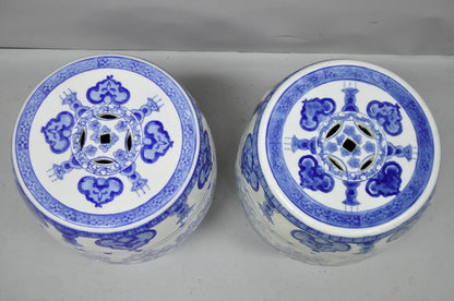 Vintage Chinese Oriental Blue & White Porcelain Garden Drum Seat Table - a Pair