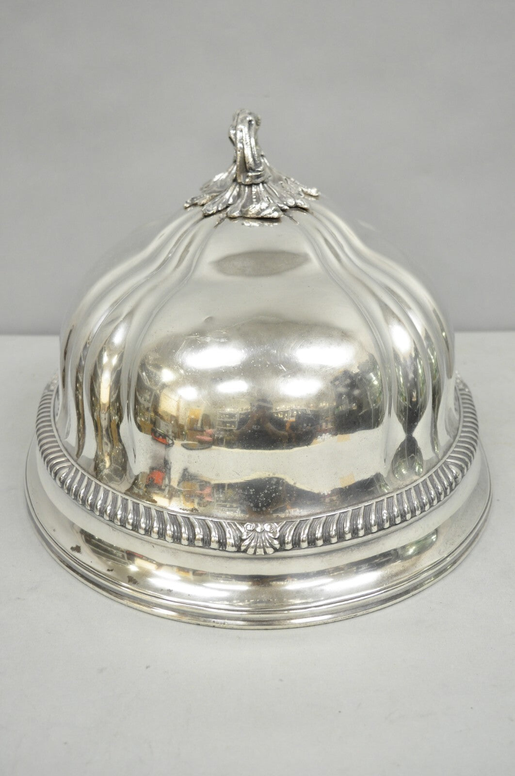 Antique English Victorian Large Silver Plated Scalloped Meat Serving Dome Cover