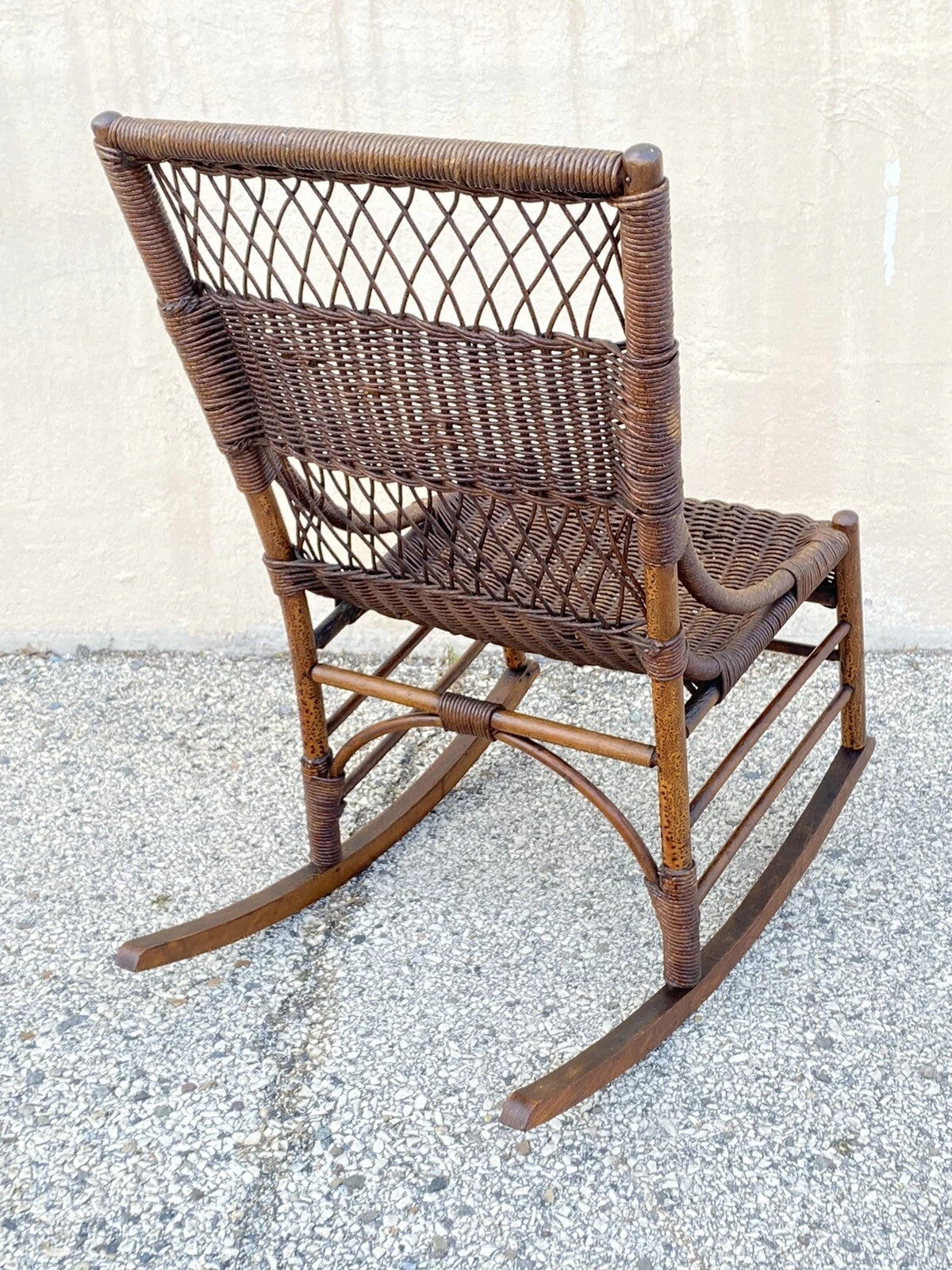 Antique Victorian Wicker and Rattan Wooden Small Rocking Chair Rocker