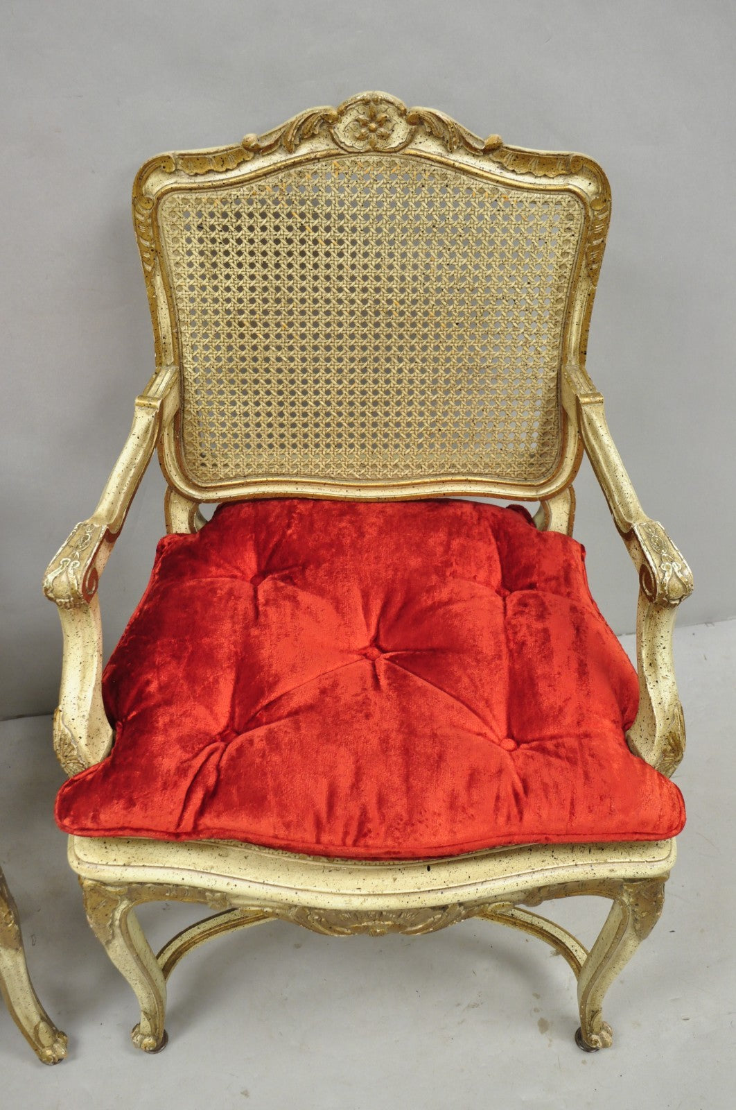 Vintage French Louis XV Style Cream Painted Carved Wood Cane Arm Chairs - a Pair