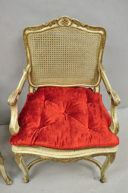 Vintage French Louis XV Style Cream Painted Carved Wood Cane Arm Chairs - a Pair