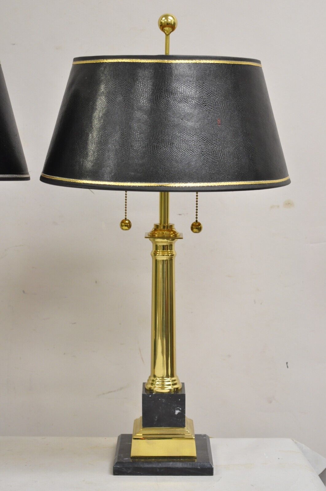 Vintage French Empire Brass & Italian Black Marble Column Table Lamps - a Pair