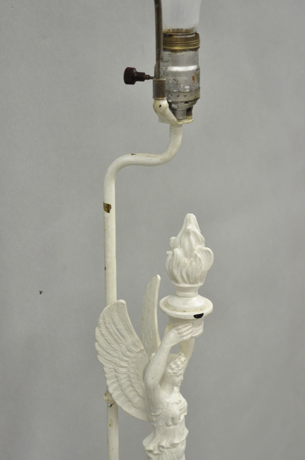 Antique French Neoclassical Metal Figural Winged Maiden Flame White Table Lamp