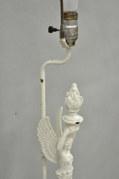 Antique French Neoclassical Metal Figural Winged Maiden Flame White Table Lamp
