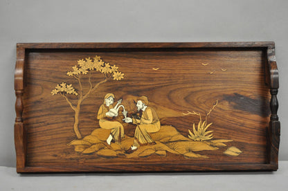 Vintage Anglo-Indian Marquetry Inlay Rosewood Twin Handle Serving Tray