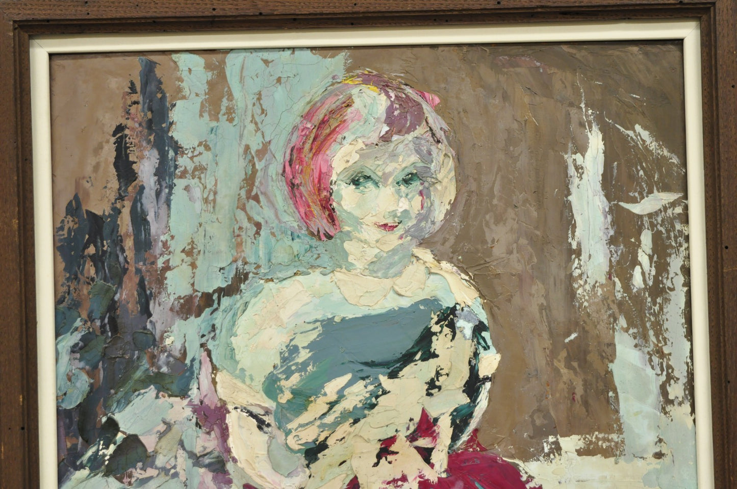 Vintage "Woman in Dress" Oil on Board Abstract Framed Painting, Signed
