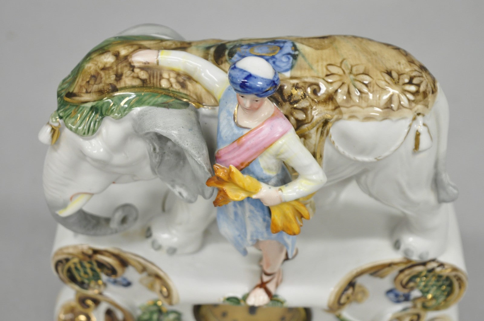 Vintage Roman Classical German Porcelain Figural Elephant & Soldier Mantel Clock