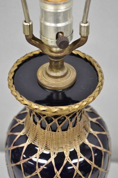 Antique Chinoiserie Japanese Cobalt Blue Porcelain Vase Brass Lattice Table Lamp