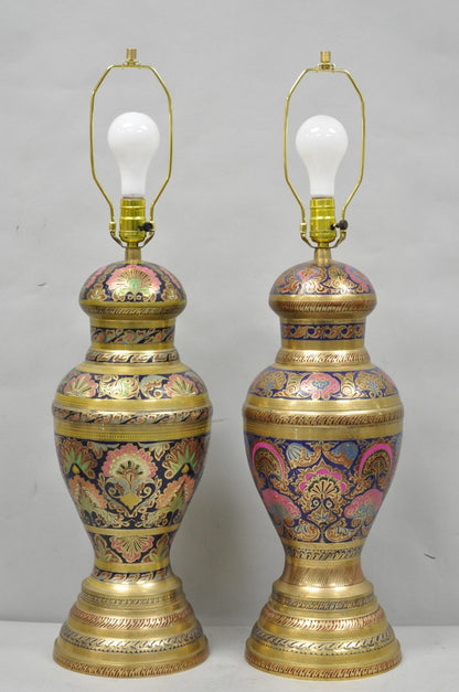 Vintage Brass & Cloisonné Enamel Pink & Blue Jardiniere Urn Table Lamps - Pair
