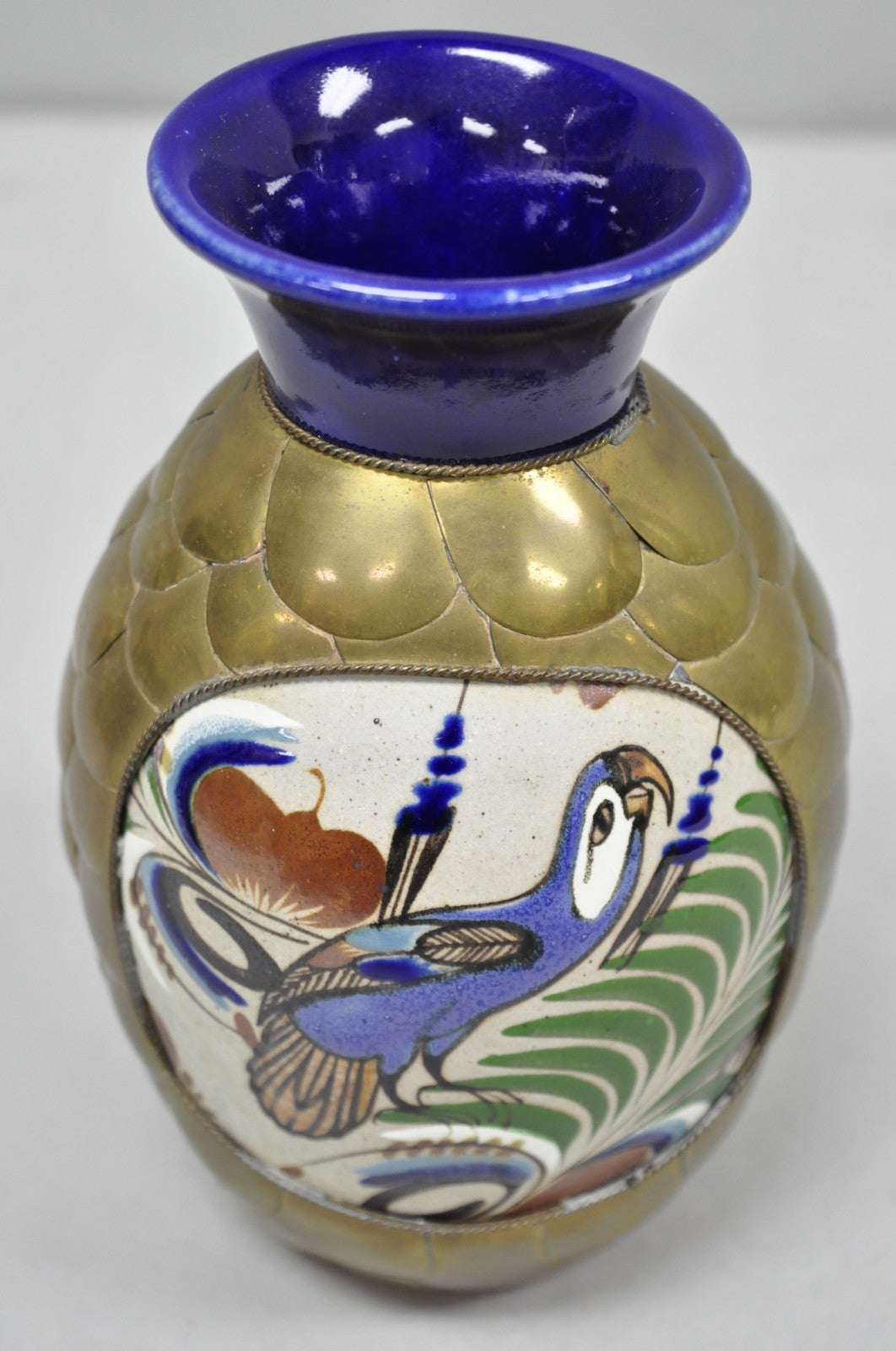 Mateos Mexico Tonala Pottery Mid Century Modern Brass Peacock Feather 7" Vase