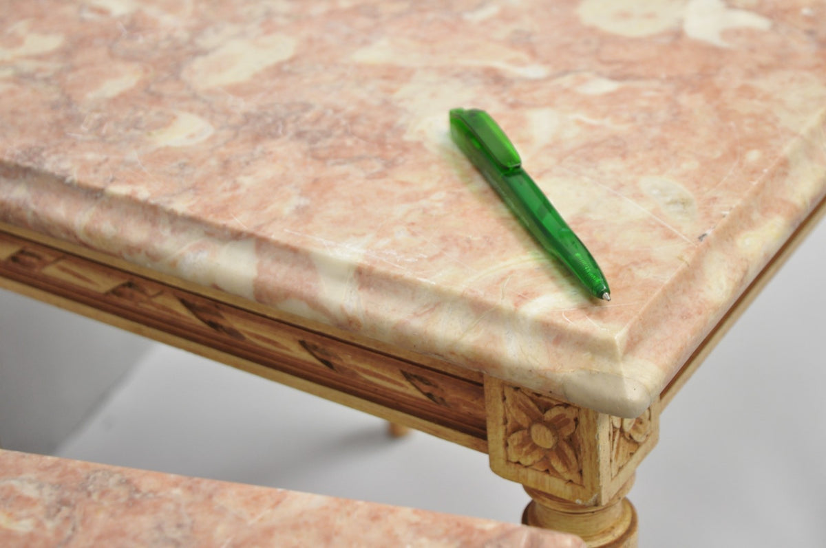 Vintage French Louis XVI Style Pink Marble Top Low Drinks Side Tables - a Pair