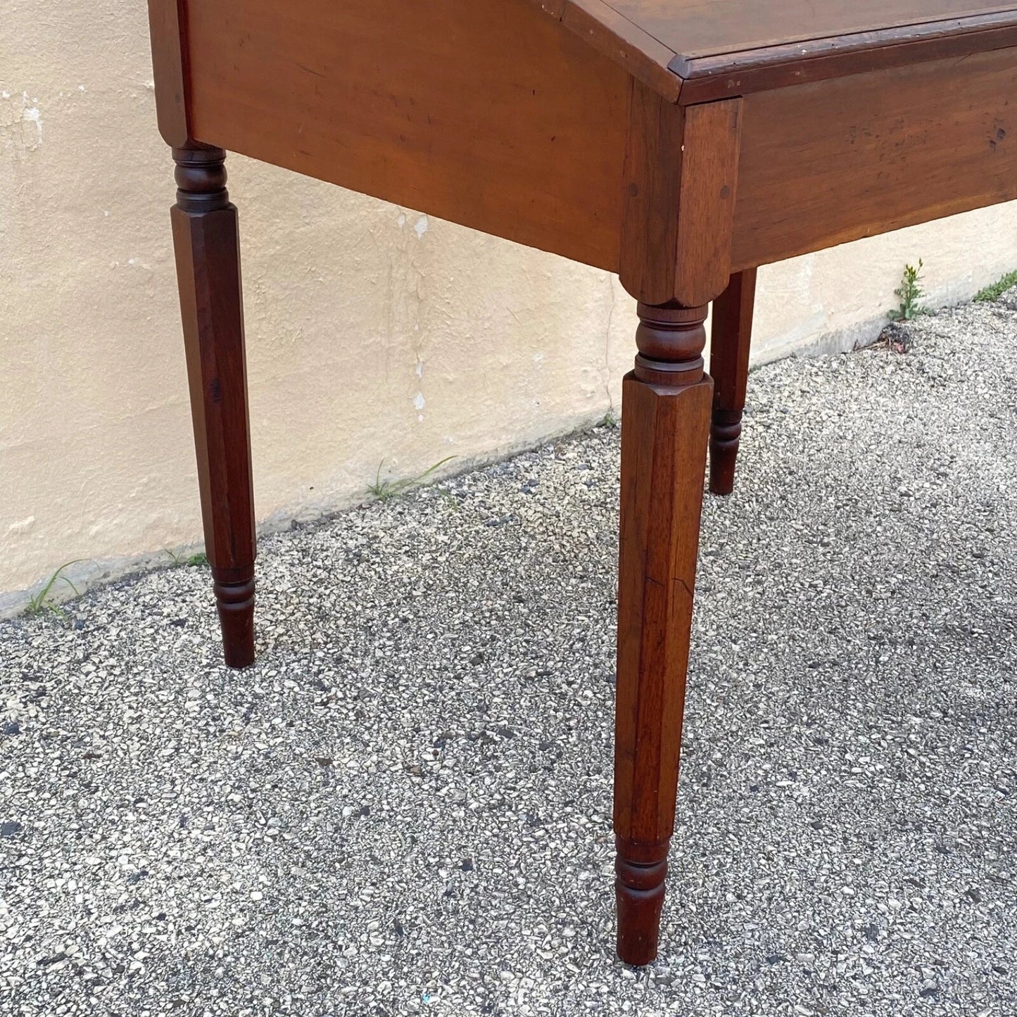 Antique Primitive Colonial Cherry Wood & Walnut Tall Schoolmasters Desk Table
