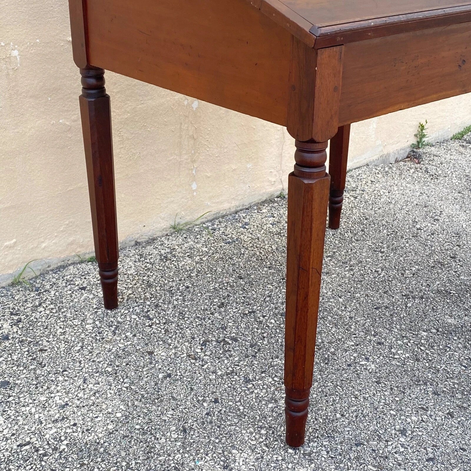 Antique Primitive Colonial Cherry Wood & Walnut Tall Schoolmasters Desk Table