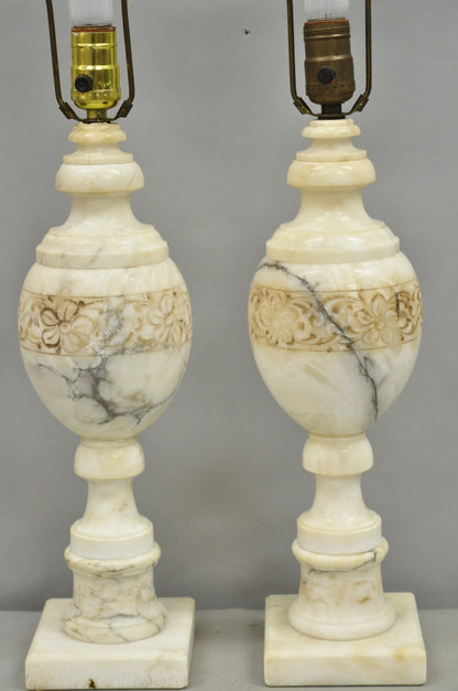Vintage Italian Neoclassical Style Carved White Marble Urn Table Lamps - a Pair