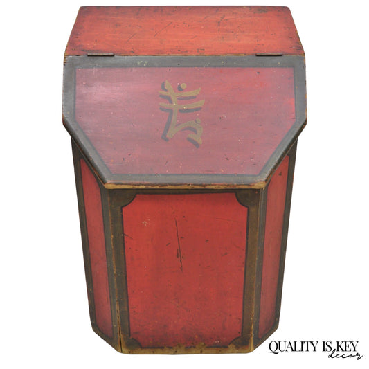 Antique British Colonial Red Painted Wooden Store Tea Coffee Bin w/ Asian Symbol