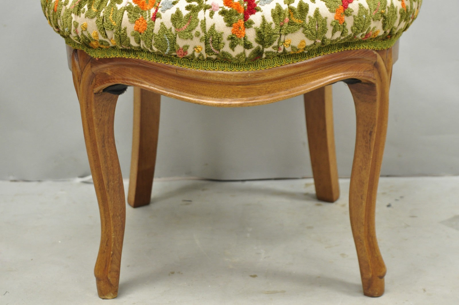 Vintage French Country Provincial Style Walnut Round Seat Vanity Bench Stool
