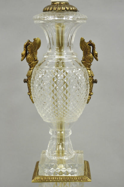 French Empire Regency Baccarat Style Glass Crystal Urn Table Lamp w/ Brass Swans