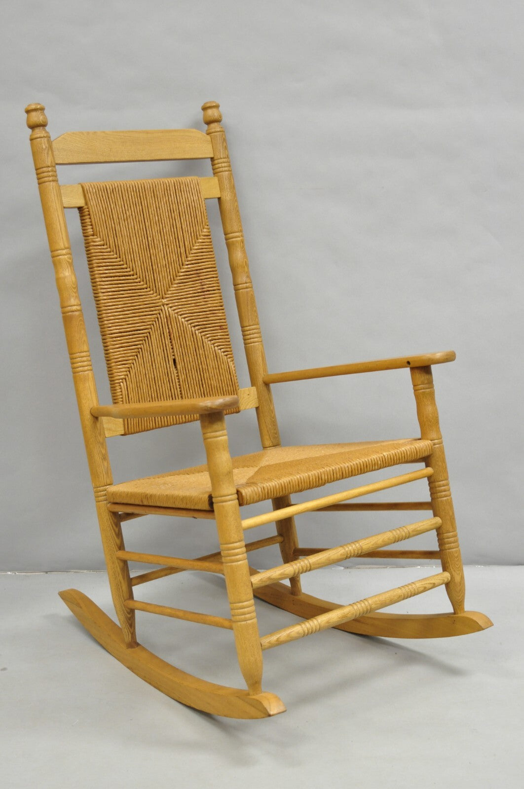American Primitive Rustic Oak Wood Rush Seat Rocking Chair by Cracker Barrel