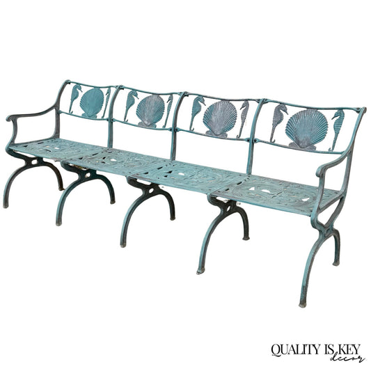 Molla Cast Aluminum Seahorse and Seashell "Breakers" 4 Seat Outdoor Patio Bench