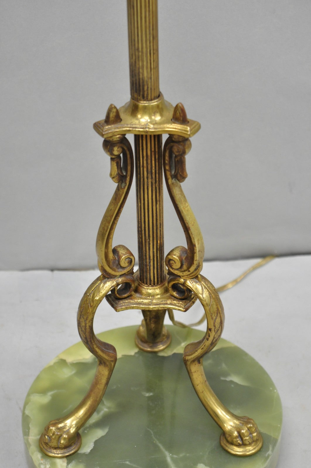 Antique Art Deco Brass & Green Onyx Paw Foot Victorian Pole Floor Lamp