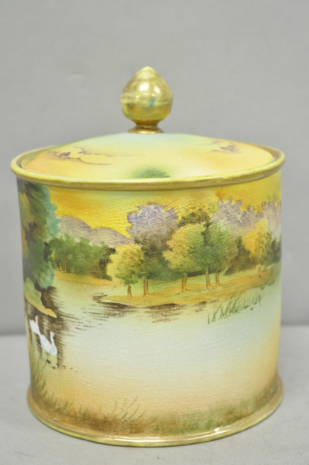 Antique Nippon Hand Painted Coralene Porcelain Lake Duck Scene Biscuit Jar
