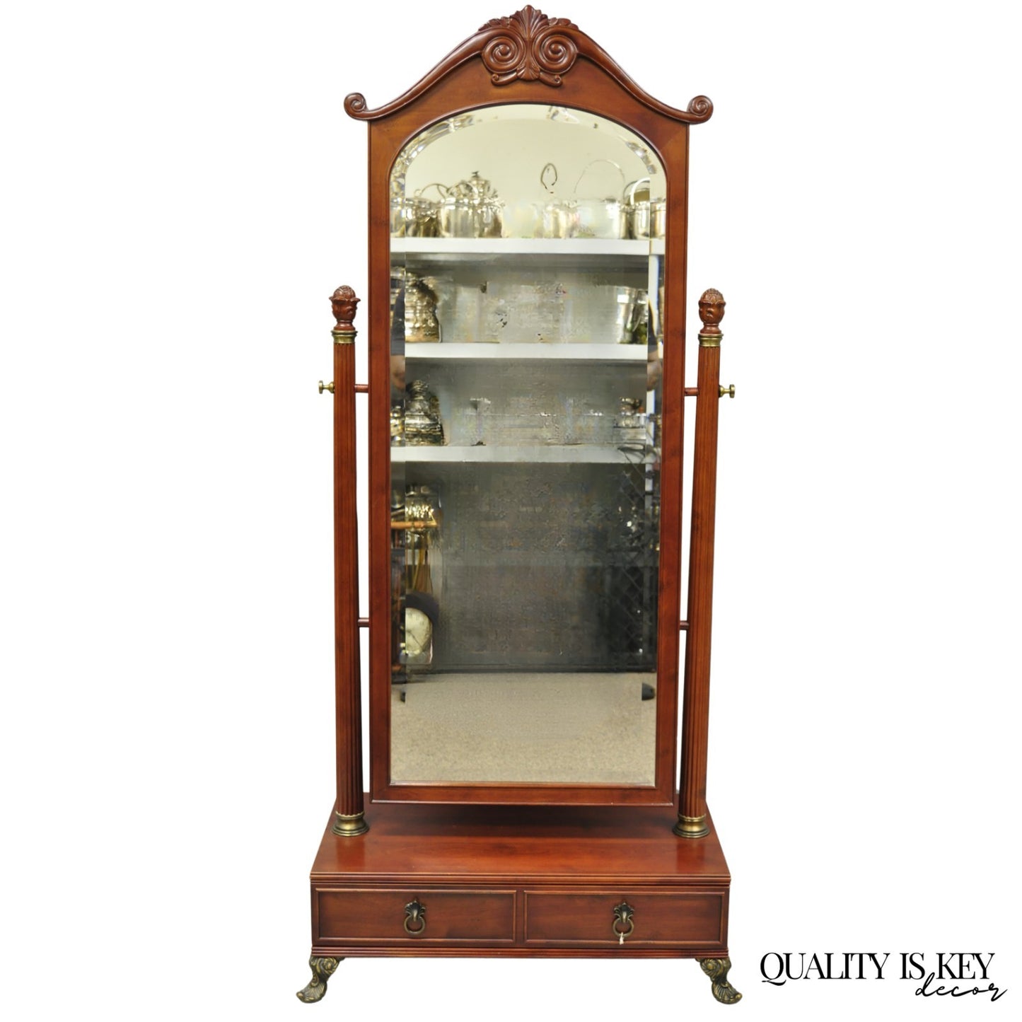 Bombay Company Cherry Wood Victorian Style Standing Cheval Mirror with Drawer