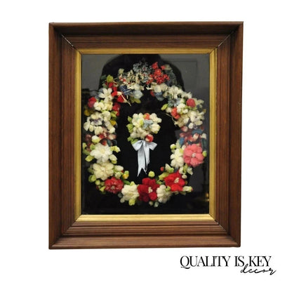 Victorian Mahogany Deep Shadow Box Frame Felt Cotton Mourning Wreath Wall Art