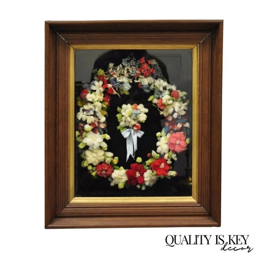 Victorian Mahogany Deep Shadow Box Frame Felt Cotton Mourning Wreath Wall Art
