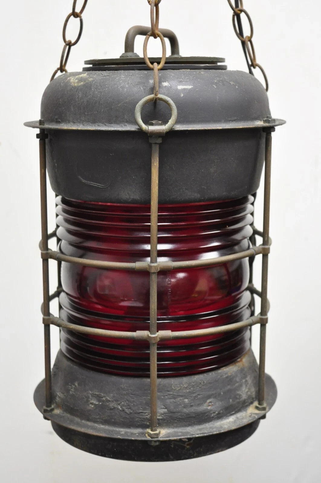 Antique Durkee Marine Ship Lantern Fixture Red Fresnel Pendant Chandelier (B)