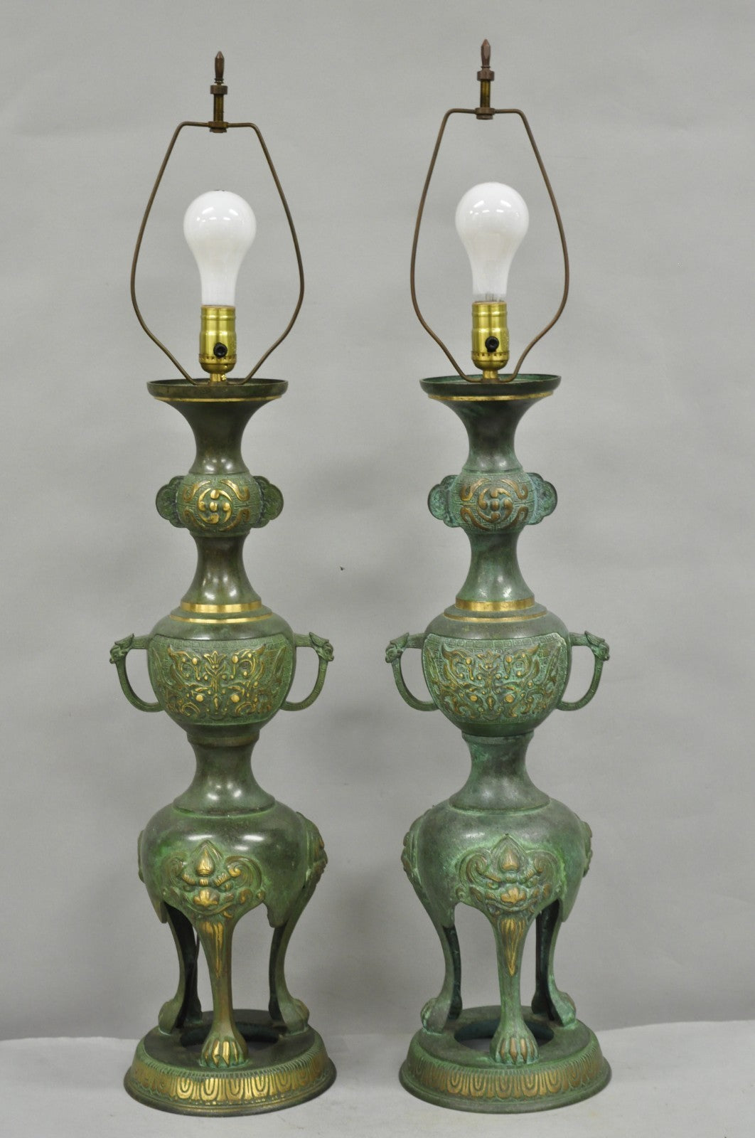 Chinoiserie James Mont Style Green Bronze Chinese Foo Dog Table Lamps - a Pair