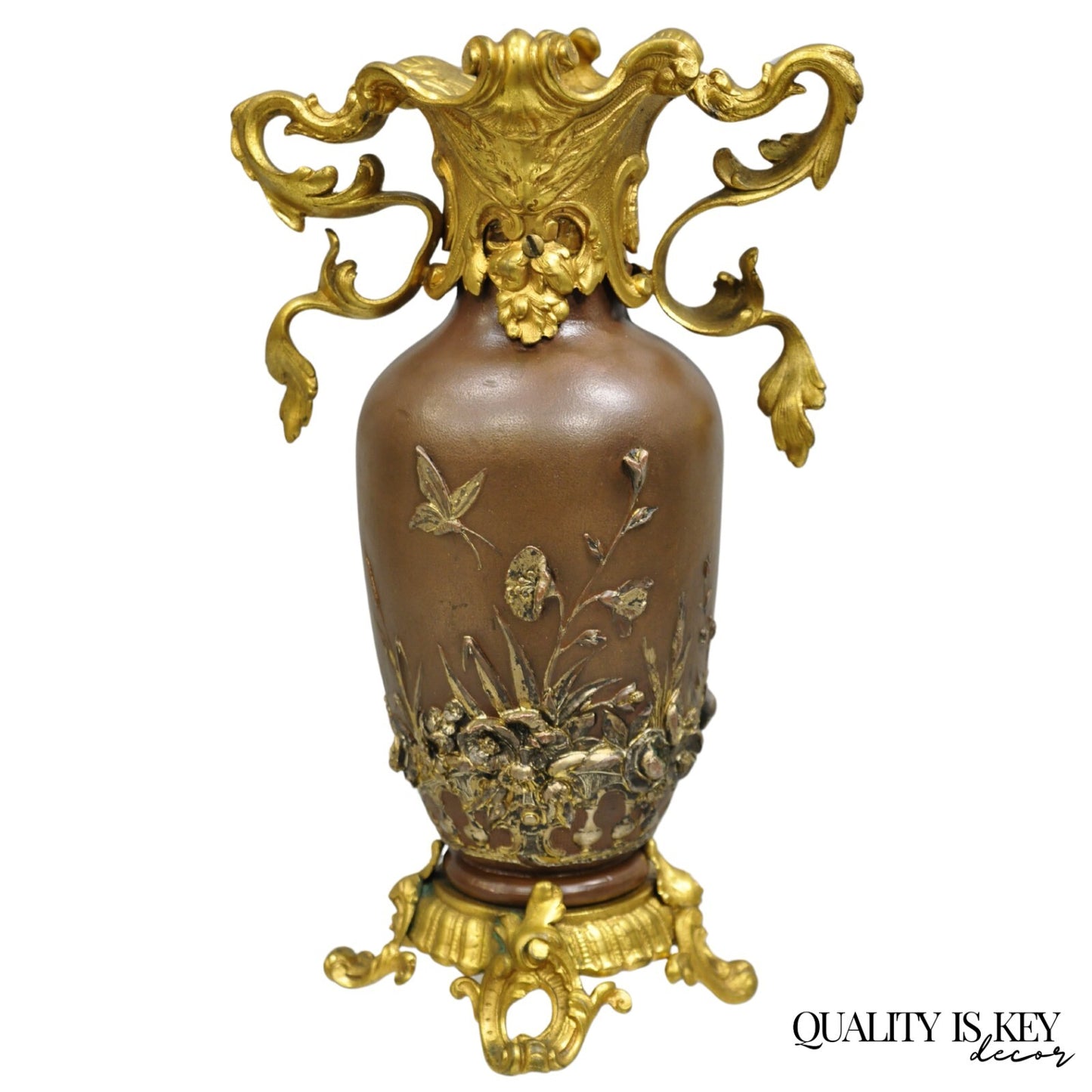 Antique French Art Nouveau Gold Gilt Patinated Bronze Small 9" Flower Vase